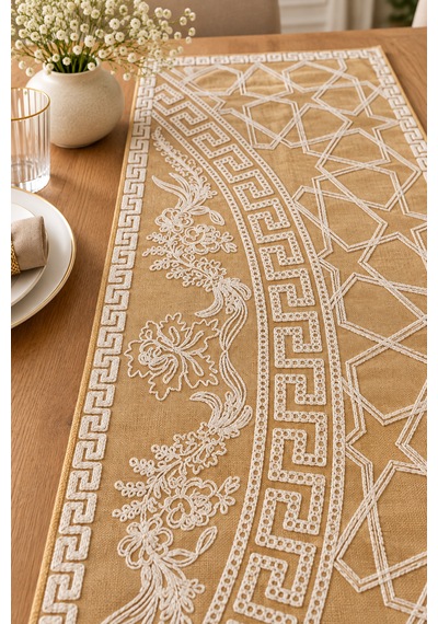 Nakışlı Geometrik Desenli Dekoratif Runner Masa Örtüsü 45x120 Cm Hardal