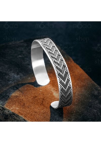 925 Ayar Gümüş Geometrik Ok Desenli Kelepçe Erkek Bileklik