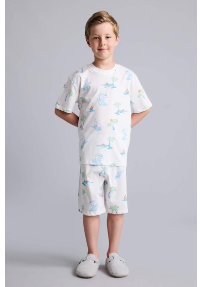 Defacto Regular Fıt Elastik Bel Desenli 2li Bej Pijama Takımı Erkek Çocuk H5396a826hser83 Ekru-er83