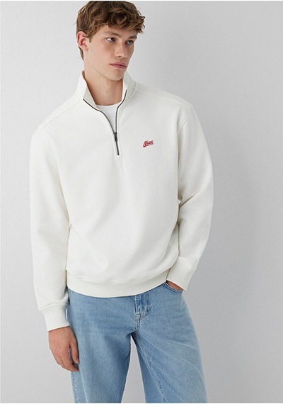 Mavi Patch Nakışlı Yarı Fermuarlı Ekru Sweatshirt 10613 Krem