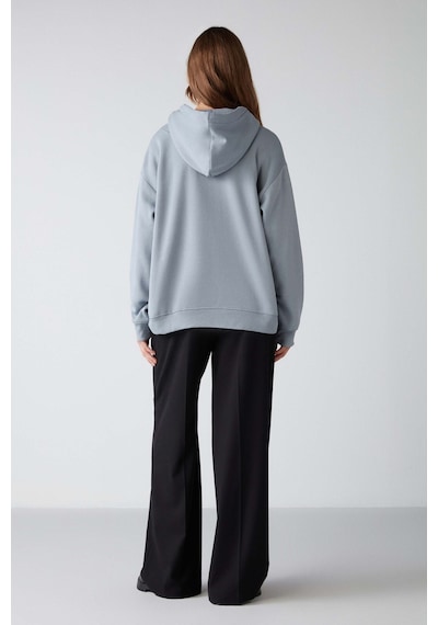 Grımelange Adel  Kadın Organik Pamuklu Içi Polarlı Yumuşacık Relaxed Kanguru Cepli Kapüşonlu Mavi Sweatshirt
