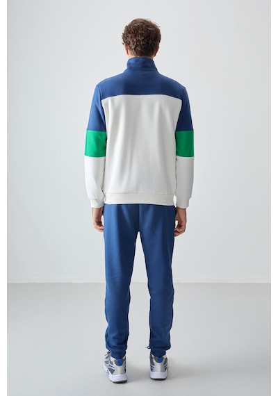 Tommy Life Ekru - İndigo Dik Yaka Renk Geçişli İçi Polarlı Erkek Eşofman Takımı - 85186 Ekru