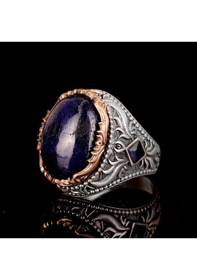 El Yapımı Sterlin Gümüş Erkek Yüzük Gerçek Doğal Cabochon Safir Taşı Şık Ve Zamansız Tasarım Gümüş