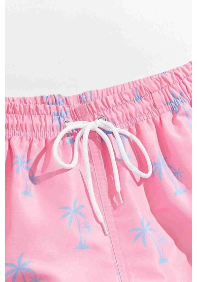 Markapia Angelsin Erkek Basic Standart Boy Şık Palmiye Baskılı Mayo Cepli Deniz Şortu Pembe 001