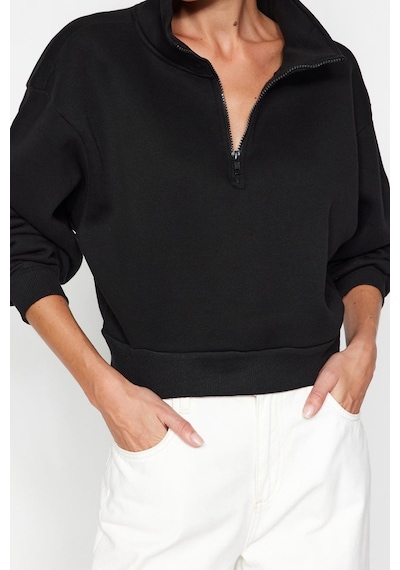 Ersefa Fitted Fermuarlı Yaka Crop Rahat Kesim Crop Basic Fermuarlı Kalın siyah