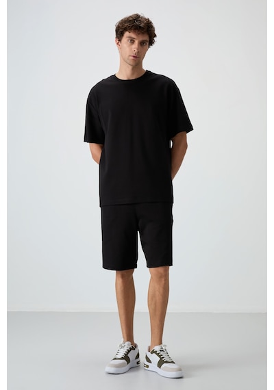 Siyah Pamuklu Kalın Yumuşak Dokulu Oversize Fit Basic Erkek Şort Takım - 85249 Siyah
