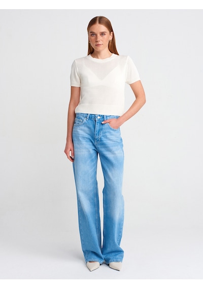 Dilvin 71775 Kalın Kumaş Geniş Straight Denim Pantolon Mavi