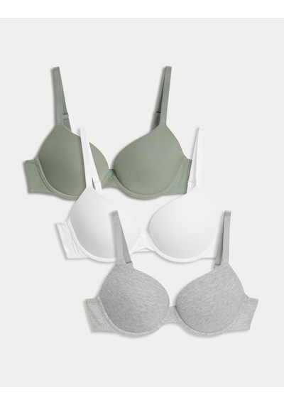 Marks & Spencer 3'lü Pamuklu Push Up T-Shirt Sütyeni T33006810 Yeşil