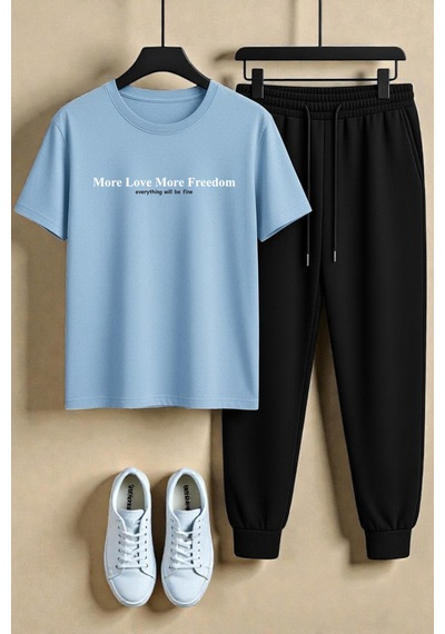 Uyguntarz Unisex More Love More Freedom Tasarım Baskılı Tişört - 2'li Eşofman Takımı Bebe Mavisi