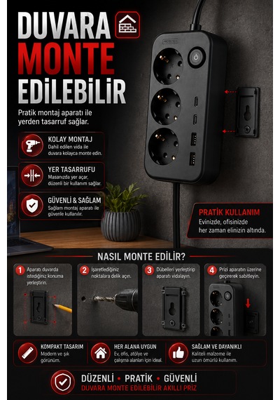 Akım Korumalı 3'lü Topraklı Priz 2 Usb-a 2 Type-c 3680w 16a Anahtarlı Duvara Monte Edilebilir Çoçuk Korumalı 1 M