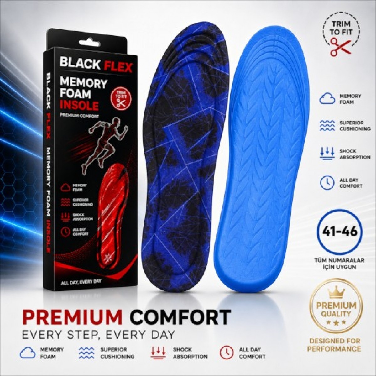 Perfect Fit Ark Destekli Siyah-mor Volt Erkek Memory Foam Darbe Emici Hafızalı İç Tabanlık 41-46 Numaraya Göre Kolay Kesilebilir