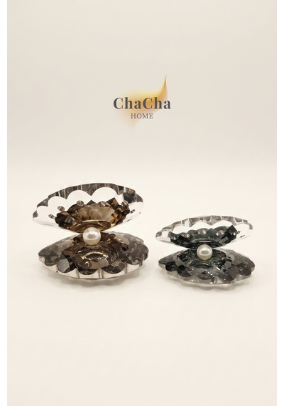 Chacha Home Oceana Pearl 2'li Kristal İncili İstiridye Obje Seti 9x7 Cm & 7x5 Cm - Lüks Cam Dekoratif Masa Üstü Biblo Füme
