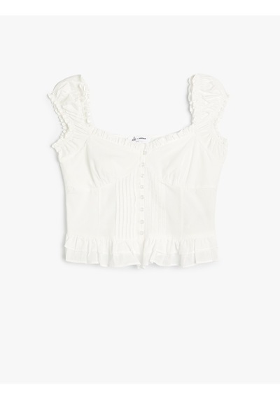 Koton Poplin Bluz Crop Fırfırlı Kalın Askılı Düğmeli Kalp Yaka Beyaz 4sal60170ıw Beyaz