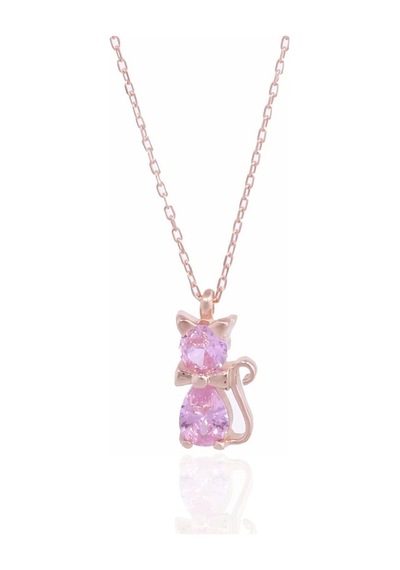 Minamis Silver Pembe Taşlı Kedili Kolye-2195
