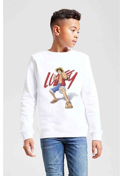 Tshirthane Anime Luffy One Piece Baskılı Unisex Çocuk Beyaz Sweatshirt Beyaz