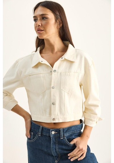 Shade Kadın Çift Cep Detaylı Çıtçıt Kapamalı Mevsimlik Denim Ceket 60282057 - Krem