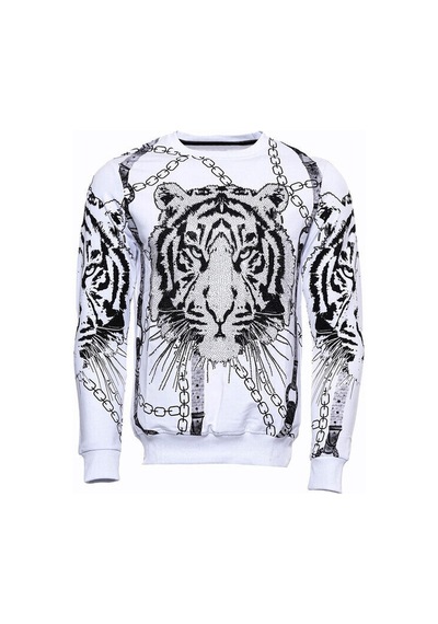 Wessi Beyaz Baskılı Ve Taşlı Bisiklet Yaka Sweatshirt Beyaz