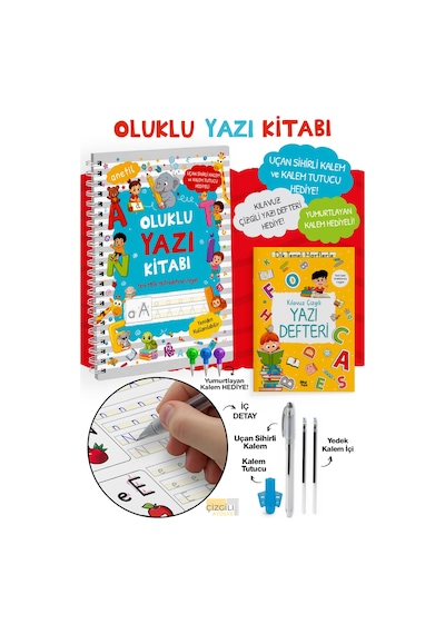 Oluklu Yazı Kitabı - Sihirli Kalem Seti - Kabartmalı Yeniden Kullanılabilir Yazma Öğrenme Kitabı