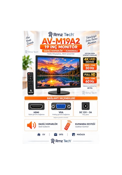 Avenir Av-m19a2 19 İnç Monitör 4k 30hz Destekli Full Hd 60hz Hdmı Vga Hoparlörlü Kumandalı