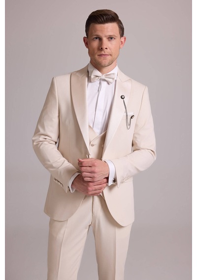 Ysf Erkek Krem Slim Fit Kırlangıç Yaka Yelekli Damatlık