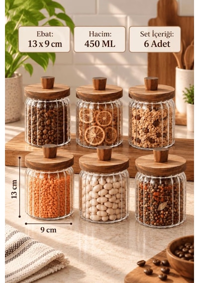 Atbyhome 6'lı Akasya Ahşap Kapaklı Çizgili Cam Kavanoz 450 Ml - Vakumlu Baharat Ve Erzak Seti Ahşap - Şeffaf