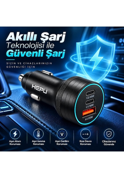 Hp-ad01 105w Gan 3 Portlu Araç İçi Hızlı Şarj Cihazı 2x Type-c + Usb-a Çakmaklık Şarj Adaptörü