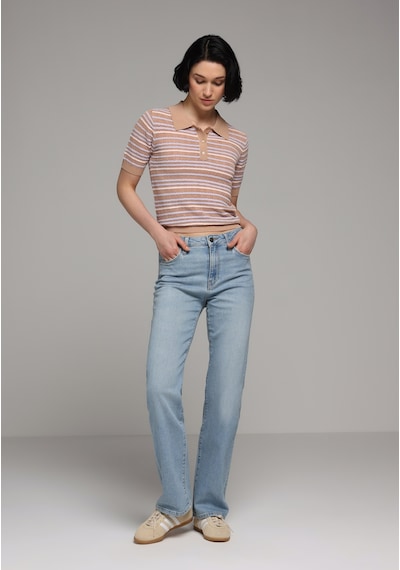 Colin's Colins Slim Fit Polo Yaka Çizgili Kadın Bej Kısa Kol Kazak Cl1078477 Q1.v2 Beı