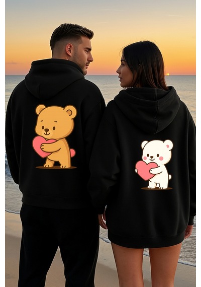 Nevermind Kalpli Ayıcık Sevgili Kombini Hoodie Unisex Oversize Çift Sweat Siyah