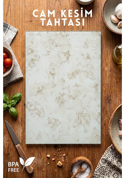 Nora Model İnce Mermer Desenli Cam Kesim Tahtası - 25x35cm - Dayanıklı Ve Pratik Kesim Matı Ekru