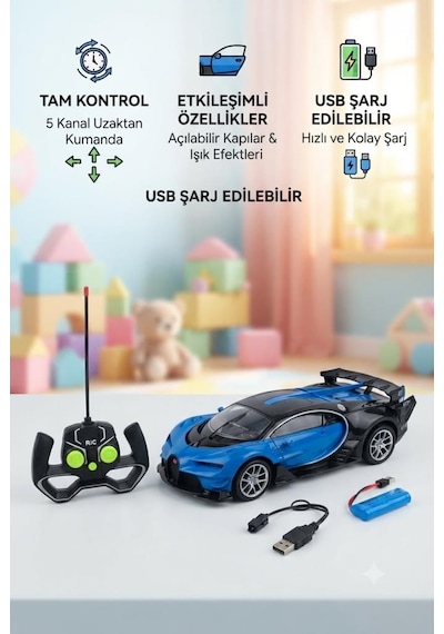 Bugatti Tasarımlı 1:14 Ölçekli 5 Kanal Uzaktan Kumandalı Şarjlı Spor Model Yarış Arabası Mavi