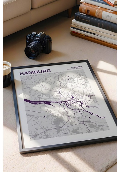 Hamburg Almanya Germany Haritası Çerçeveli Tablo Lüks Salon Ofis Duvar Dekorasyonu Hediyelik Tablo