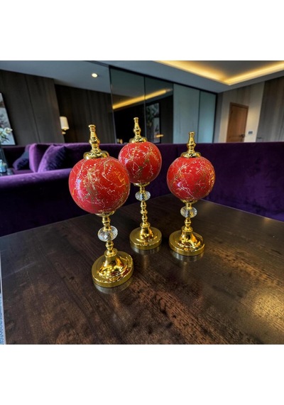 Ruby Gold Küre Dekoratif Obje Seti Kırmızı Mermer Desenli Lüks Modern Masa Üstü Ev Aksesuarı