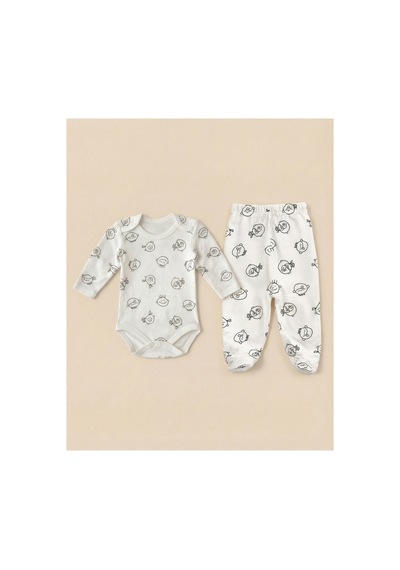Minory Baby - 2'li Bebek Takımı Yüz Motifli Uzun Kol Body & Patikli Alt Beyaz Beyaz