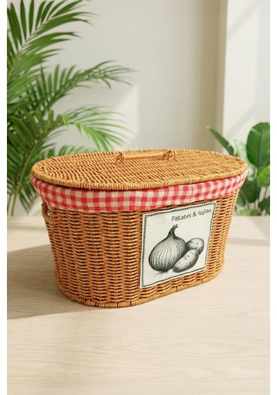 Digithome Oval Rattan Hasır Patates Soğan Çift Bölmeli Sepet Düzenleyici Organizer -9t03 Kahverengi