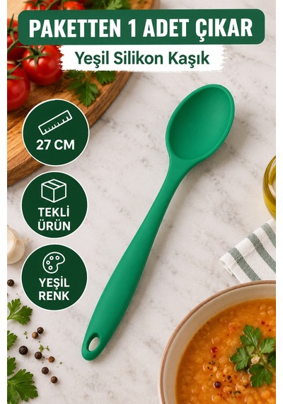 Tekli Yeşil Büyük Boy Silikon Kaşık 27 Cm Mutfak Yemek Pişirme Ve Servis Kaşığı Renkli Mutfak Gereci