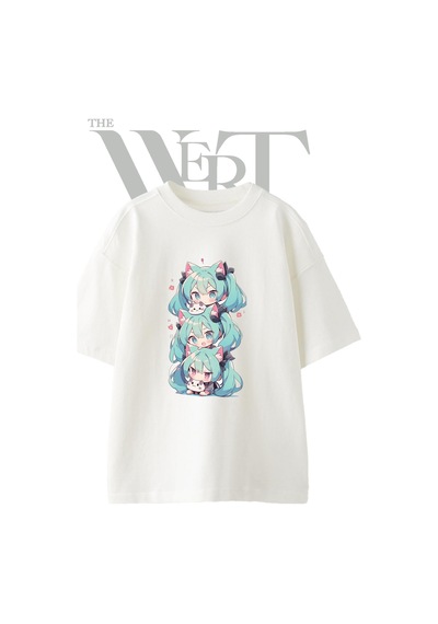 Thewert Hatsune Miku Neko Tasarım Baskılı Ünisex Beyaz Oversize T-shirt