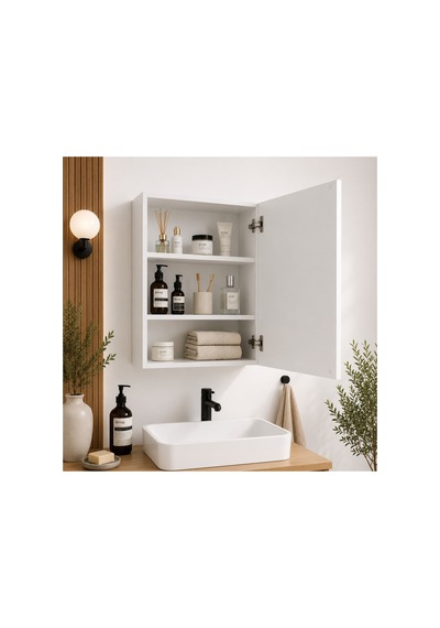Aras Lavabo Üstü Aynalı Banyo Dolabı 42 Cm Tek Kapaklı 3 Raflı Beyaz Beyaz