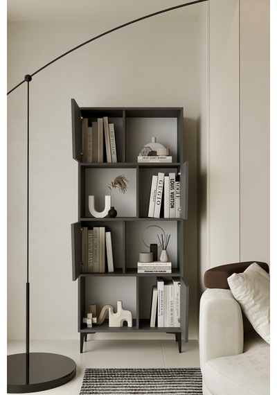 Roma Kitaplık 175 Cm - Vitrin - Gümüşlük 100% Mdf Metal Ayak Gri