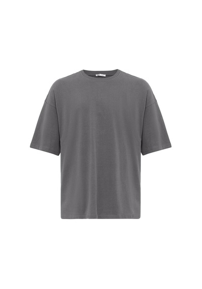 Vamos Basic Oversize Bisiklet Yaka Tişört Füme