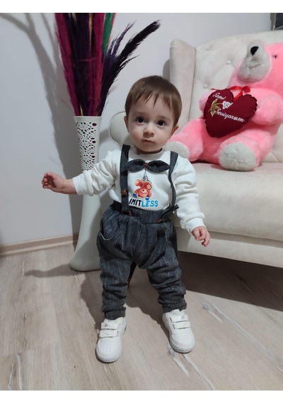 9-12-18 Ay Papyonlu Sweat Kot Pantolon 2li Erkek Bebek Salopet Takımı Çok Renkli