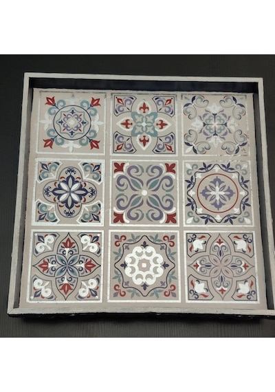 El İşçiliği Desenli Kahve Sunum Tepsisi 31x31 Cm