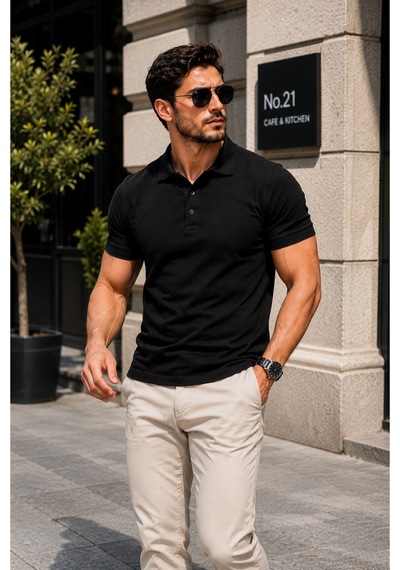 Luxıc Core Erkek Polo Yaka Siyah Tişört Likralı Pike Kumaş Terletmez Slim Fit Günlük Şık Tasarım
