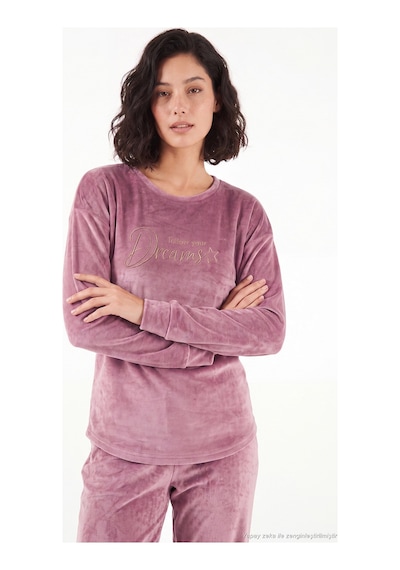 Lela Bisiklet Yaka Yumuşak Dokulu Parlak Kadife Pijama Takımı Kadın Pijama Takımı 6094209 Pudra