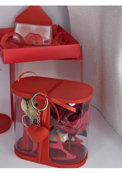 Sevgiliye Hediye Ayıcık Kutusu 15x15x10 Cm Karton Hediye Kutulu Gül Ve Vazo Anahtarlık Hediye Set