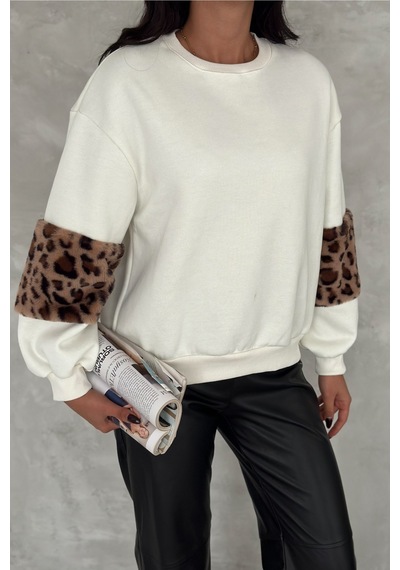 Femelle Kadın Kolları Leopar Detaylı İçi Pamuklu Oversize Sweatshirt beyaz