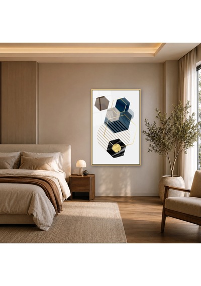 Lacivert Gri Mermer Altıgenler Gold Çerçeveli Cam Tablo