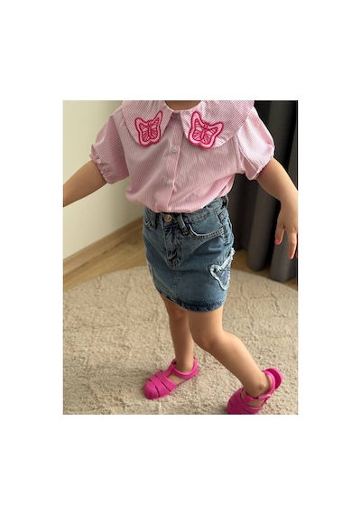 Minik Düşler Kız Çocuk Kelebek Yaka Çizgili Gömlek Ve Kot Etek 2'li Takım Pembe