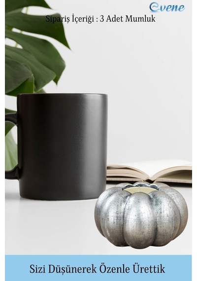 Eskitme Mumluk Şamdan 3 Adet Tealight Ve İnce Mum Uyumlu Kabak Model - Gümüş Eskitme