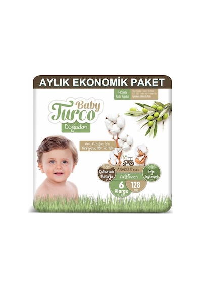 Baby Turco Doğadan Bebek Bezi 6 Numara Xlarge Aylık Ekonomik Paket 128 Adet