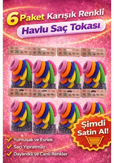 6 Lı 6 Paket Karışık Renkli Havlu Saç Tokası Yumuşak Elastik Dayanıklı Lastik Toka Seti Çok Renkli